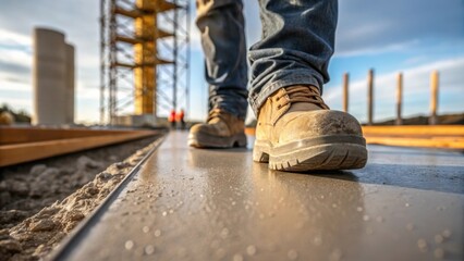 Closeup of a construction workers boot stepping onto the fresh concrete of a recently laid walkway with the structure standing tall in the background symbolizing the foundation of