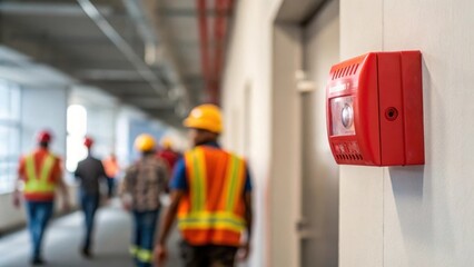 Closeup of a fire alarm blaring on the wall with construction workers blurred figures rushing past in the foreground illustrating the urgency and reality of the emergency response