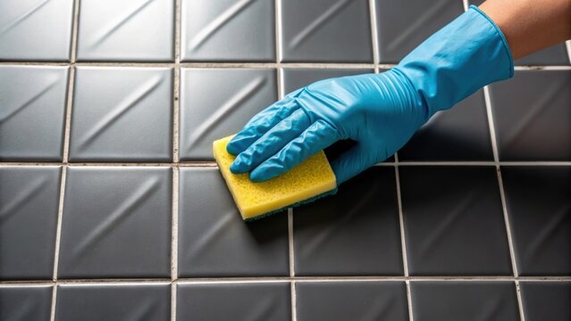 Closeup of a gloved hand using a sponge to clean excess grout from the surface of a tile highlighting the contrast between the glossy tile and the matte grout.