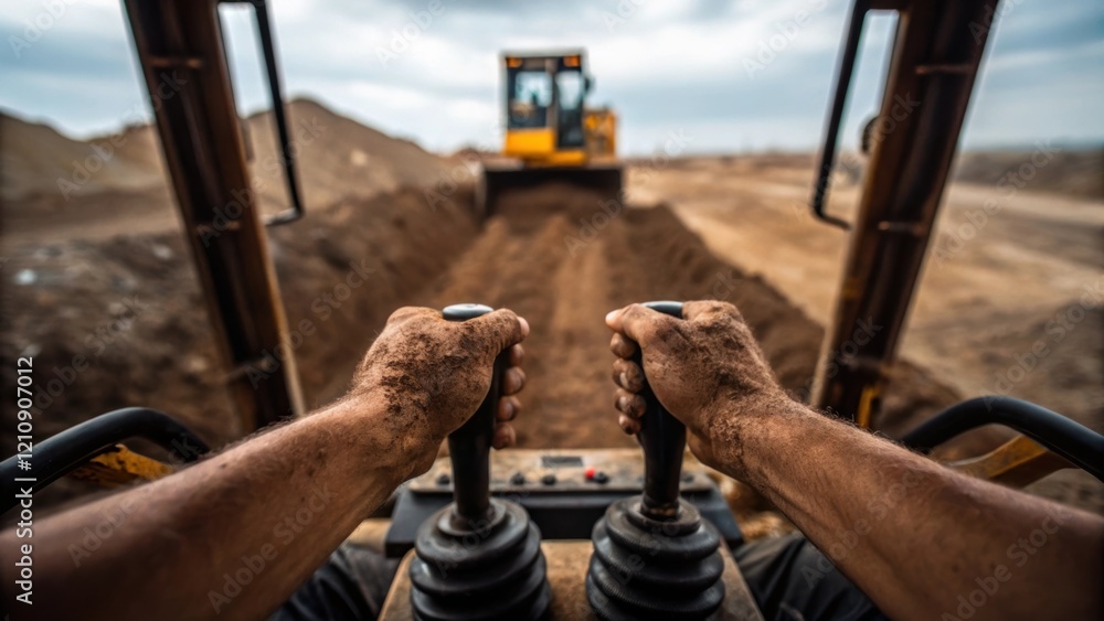 Poster Closeup of an operators hands gripping the heavy machinerys controls sweat glistening on the brow focused on maneuvering the excavator as it carves out a precise trench in the
