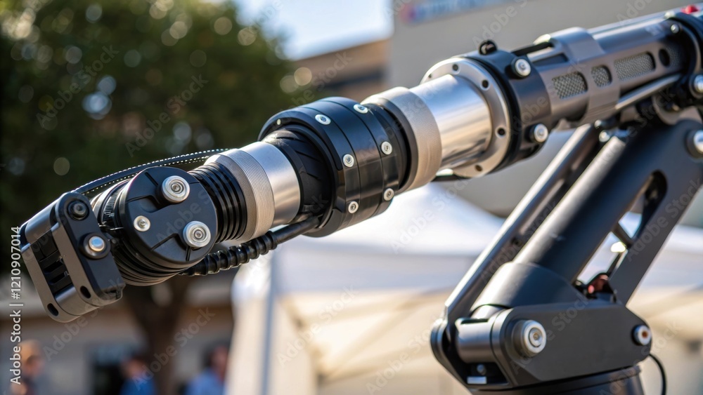 Aufkleber Closeup of an exoskeletons articulated arm showcasing the intricate design and materials used for flexibility and support. Hydraulic mechanisms and sensors glisten in the sunlight