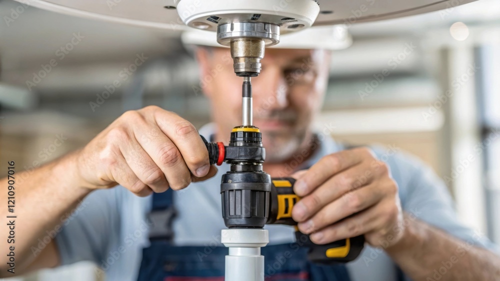 Aufkleber closeup of an installers hands gripping a screwdriver with the tool poised above a newly mounted spr