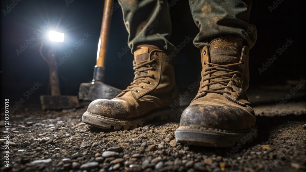 Poster closeup of a pair of worn work boots standing on a gravel surface with construction light rays trati