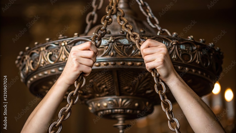 Poster closeup of a pair of hands gripping the chain of a vintage chandelier the focus on the intricate det