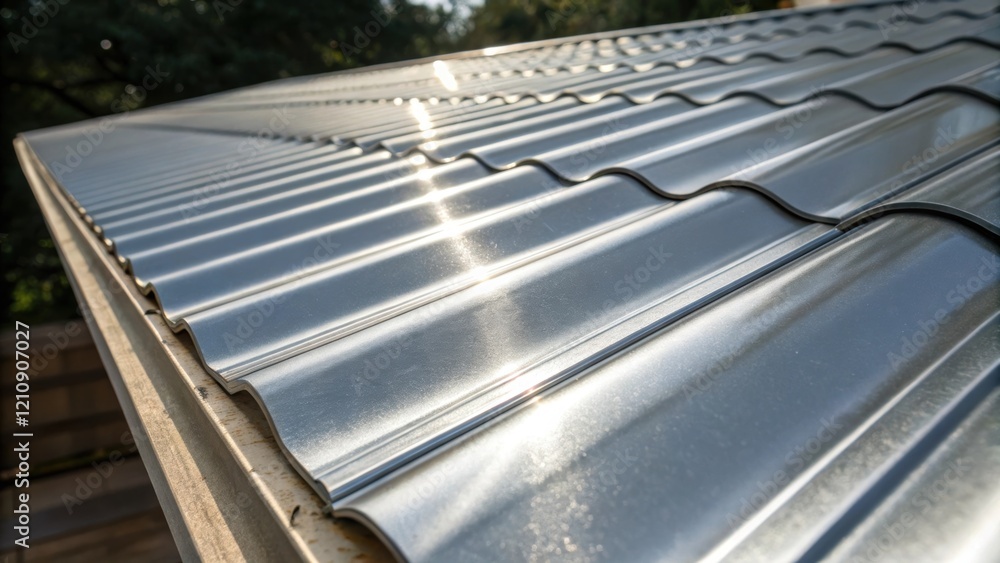 Poster closeup of a of metal sheeting made from recycled aluminum reflecting the light and offering a glimp