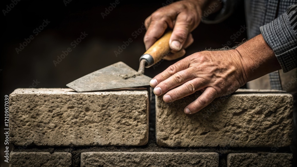 Poster Closeup of a pair of weathered hands gripping a trowel expertly applying mortar between two stone blocks highlighting the intricate details of the tools and materials used in