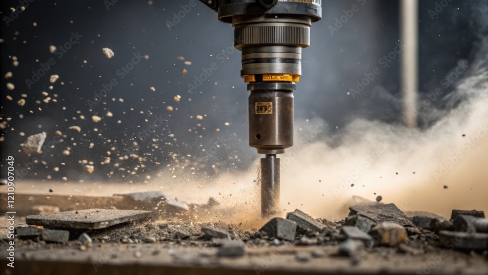 Poster Closeup of a piece of heavy machinery like a jackhammer with dust and debris flying as a vibration sensor is strategically p nearby to capture data on vibrations affecting the