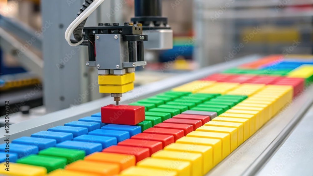 Poster Closeup of a series of colorful bricks being p in a tidy row by a robotic system with a focus on the seamless integration of technology and building materials highlighting the