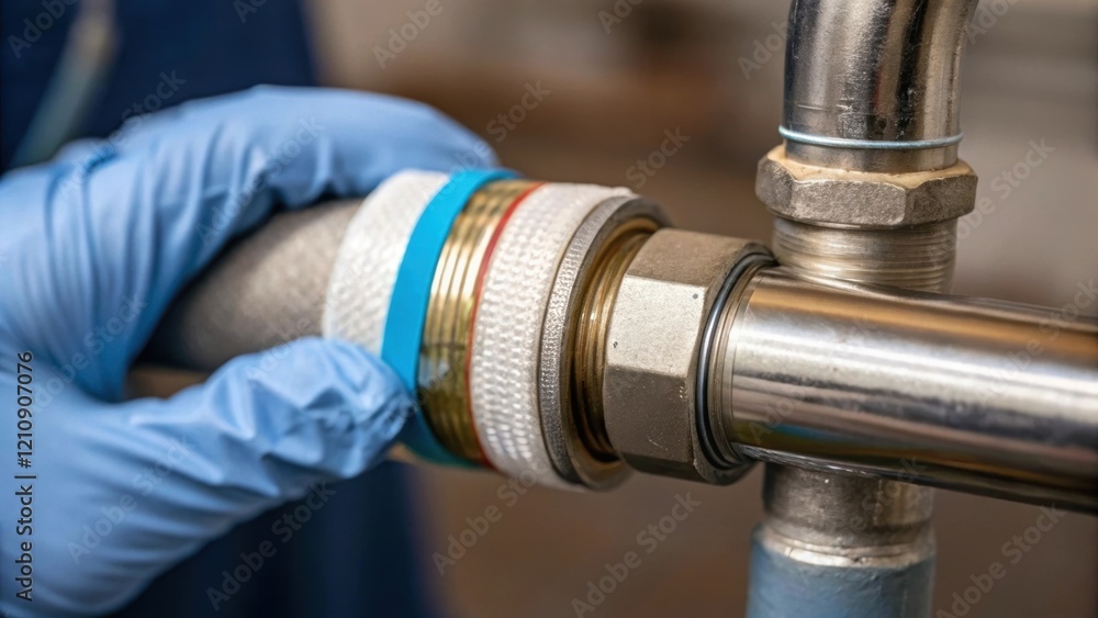 Poster Closeup of a plumbers gloved hand applying a layer of plumbing tape around the threaded end of a pipe with interesting textures and colors of the tape in sharp focus.