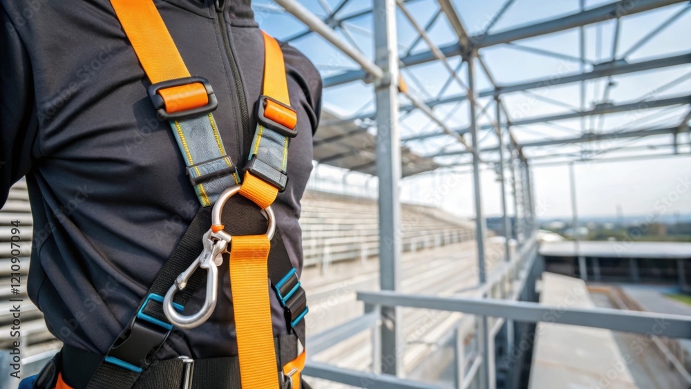 Poster Closeup of a safety harness attached to a worker as they navigate the framework of a partially constructed grandstand emphasizing the safety measures in place during the