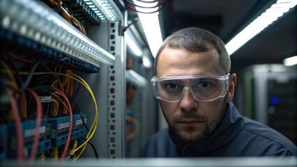 Closeup of an inspectors eyes behind protective glasses intently scanning the electrical panels wirings while fluorescent lights cast a sterile glow over the scene.