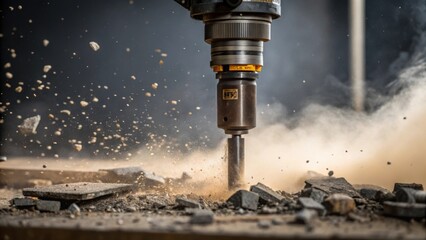 Closeup of a piece of heavy machinery like a jackhammer with dust and debris flying as a vibration sensor is strategically p nearby to capture data on vibrations affecting the