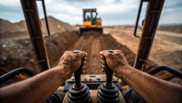 Closeup of an operators hands gripping the heavy machinerys controls sweat glistening on the brow focused on maneuvering the excavator as it carves out a precise trench in the