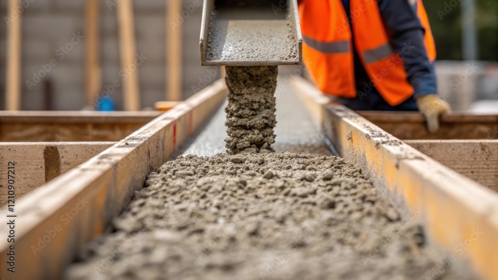 Aufkleber Closeup of a worker pouring concrete into a foundation mold showcasing textured aggregate and the interaction between modern materials and craftsmanship emphasizing the buildings