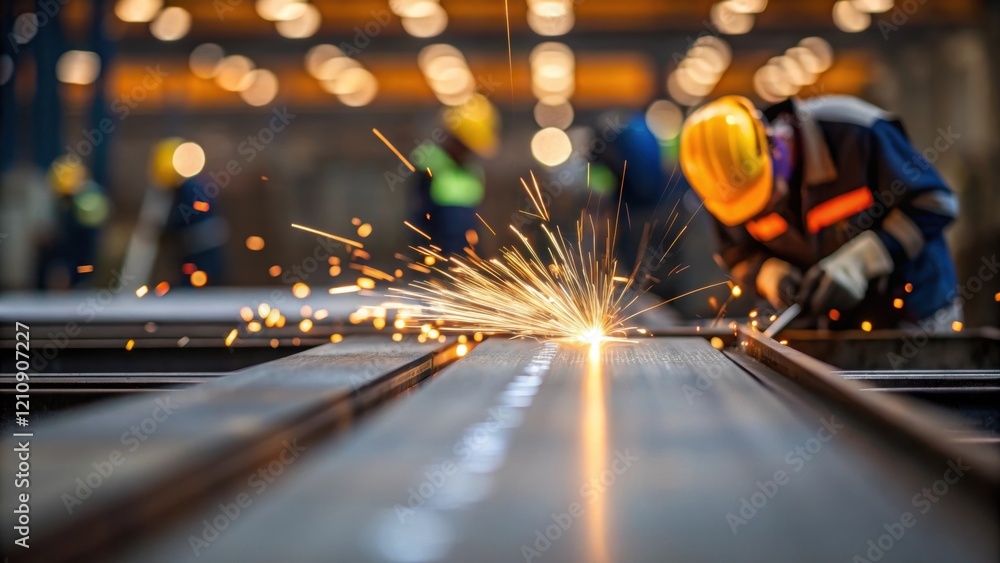 Poster Closeup of a worker rivetting steel plates together the focus on the sparks flying from the tool while fellow workers can be seen collaborating in the blurred background.