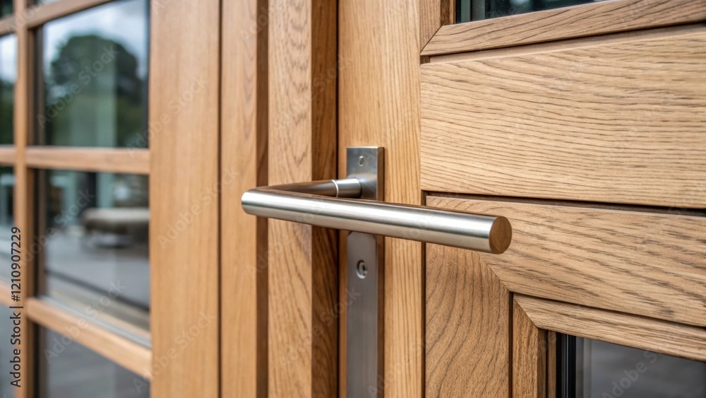 Poster Closeup of a wooden door frame with a steel handle emphasizing the fusion of organic lines and geometric precision that defines modern architecture.