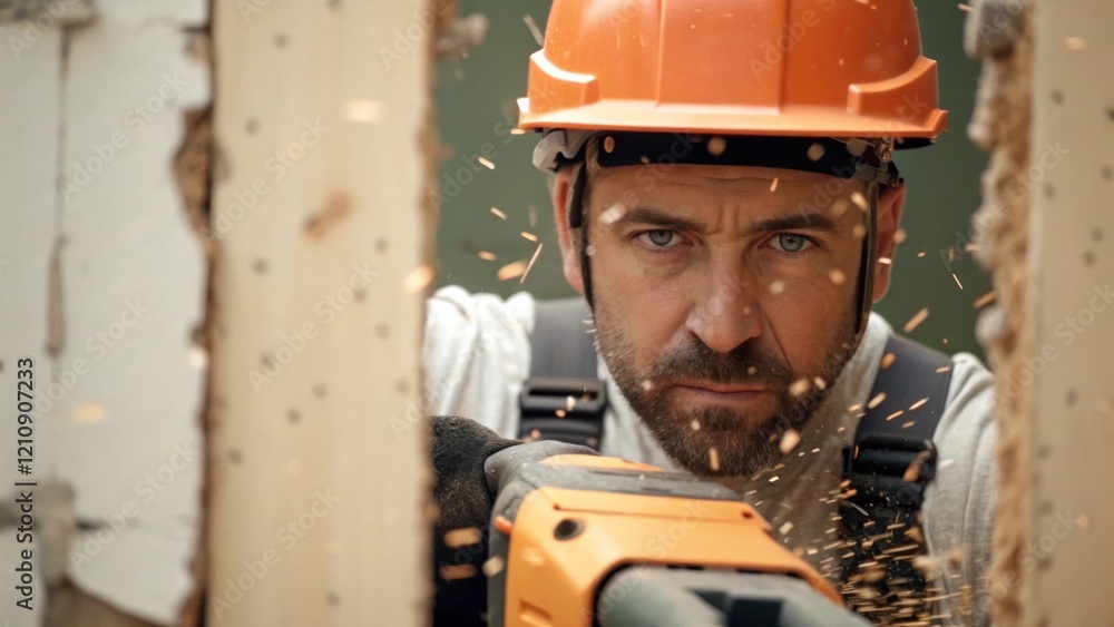 Poster closeup of a workers face concentrating intently as he operates a reciprocating saw with flying wood