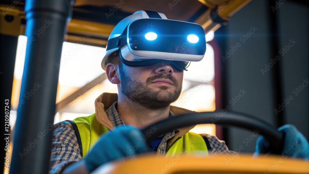 Poster Closeup of a workers face illuminated by the glow of the VR headset showing focused concentration as he practices heavy machinery operation in a simulated environment.