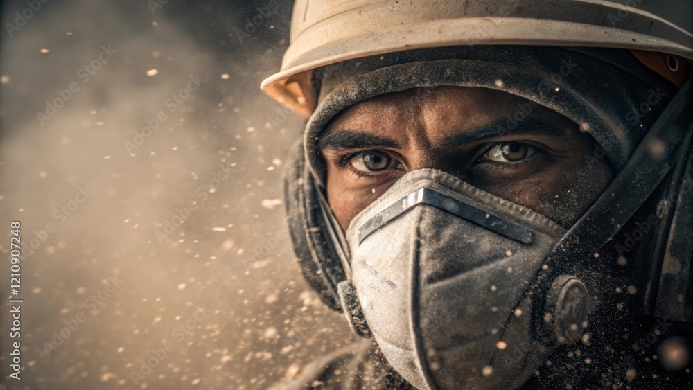 Aufkleber closeup of a workers face covered with a dust mask showing determination and concentration surrounde