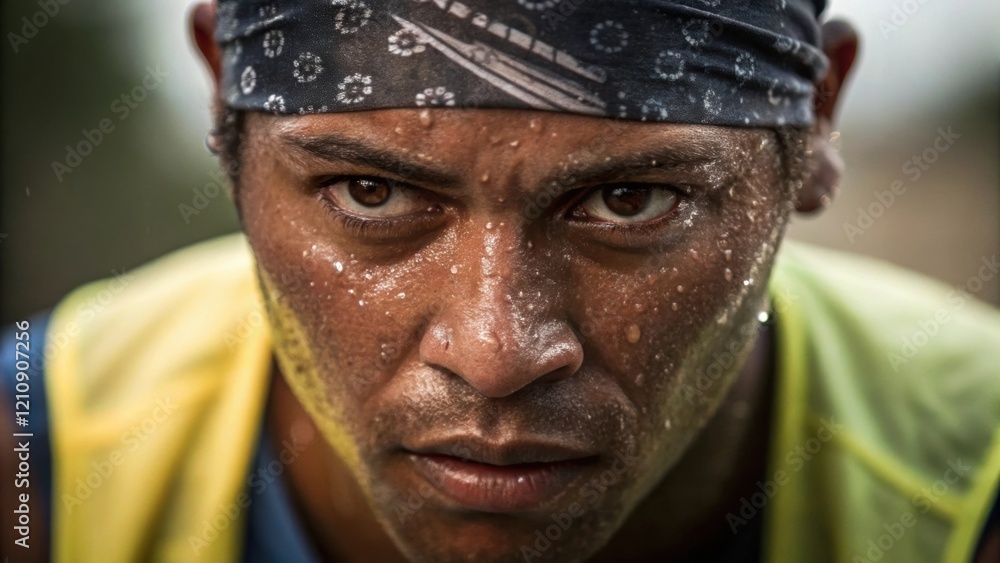 Poster closeup of a workers face drenched in sweat and concentration with a bandana tied around their head 