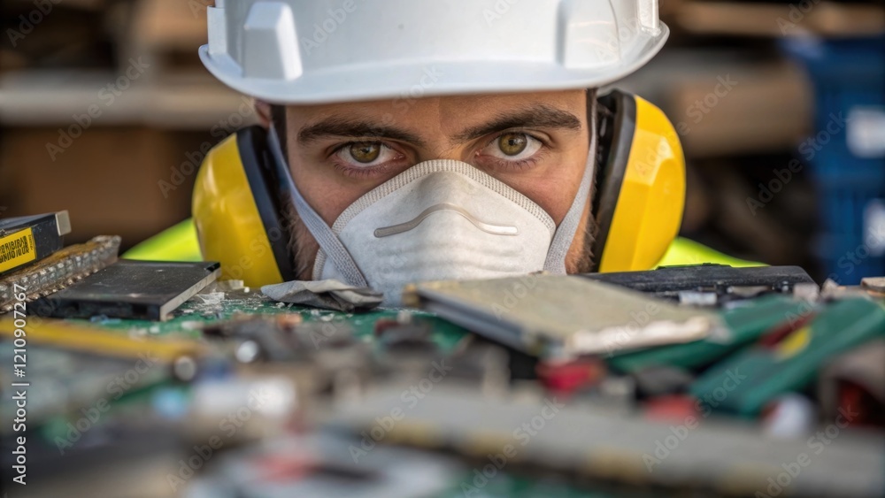 Poster Closeup of a workers face partially obscured by a safety mask concentrating as they use a sorting tool to separate electronic waste from other materials on a cluttered work