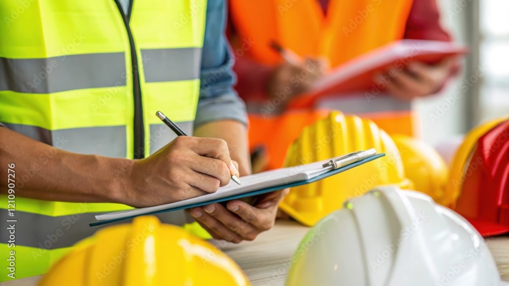 Poster closeup of a workers hands taking notes in a safety manual surrounded by bright safety vests and hel