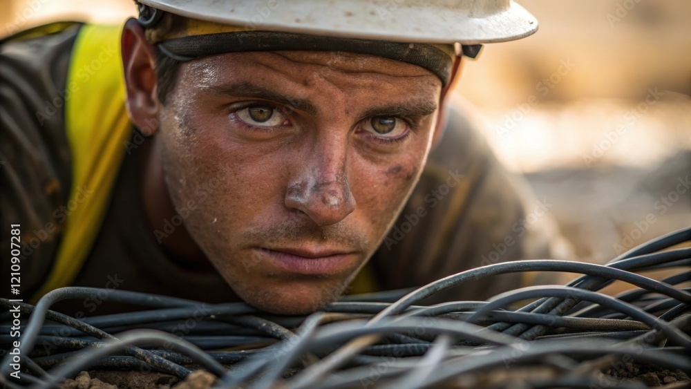 Poster closeup of a workers face sweaty and focused as they carefully remove a tangled mass of wires from t