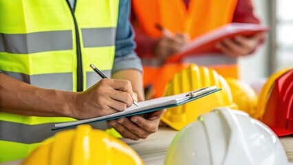Closeup of a workers hands taking notes in a safety manual surrounded by bright safety vests and helmets highlighting the importance of preparedness and engagement in training.