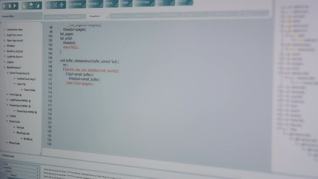 Close up of code being typed on PC screen by admin developing software, entering commands. Computer display used by IT professional at home fixing errors in application, implementing new features