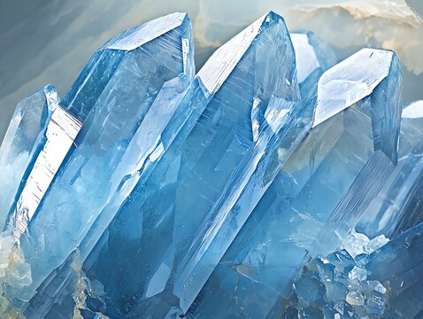 Close-up of celestine crystal formation, pale blue translucent layers, geometric growth patterns