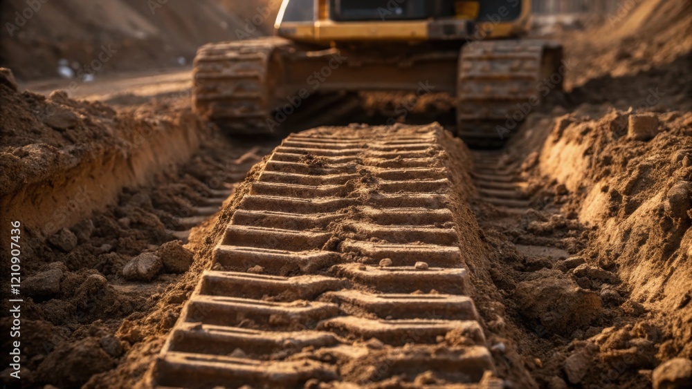 Poster closeup of heavy machinery specifically a bulldozers tracks imprinted deeply in the soil surrounded 