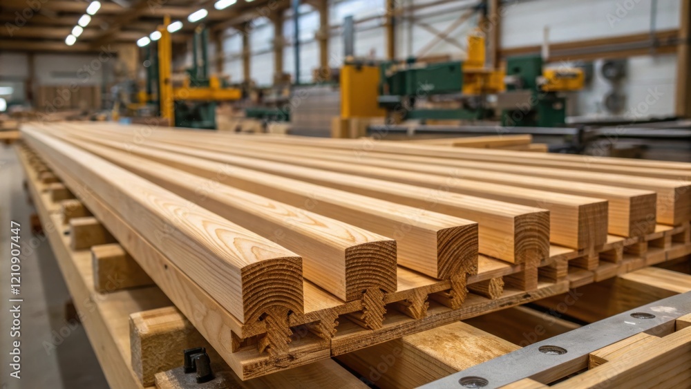 Aufkleber Closeup of precision wooden beams arranged in a factory setting demonstrating the raw materials and intricate processes involved in creating building components.