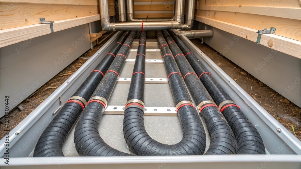 Poster Closeup of heavily insulated pipes intertwined within a compact housing unit showcasing the advanced materials used to maximize energy efficiency in geothermal systems.