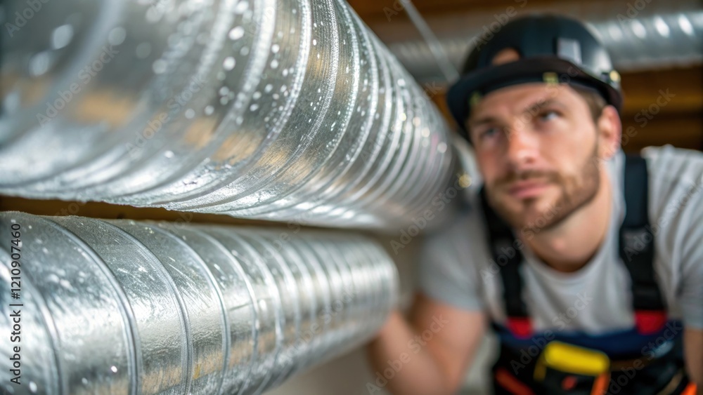 Poster closeup of insulated ductwork as a technician carefully measures and s with droplets of sweat on the