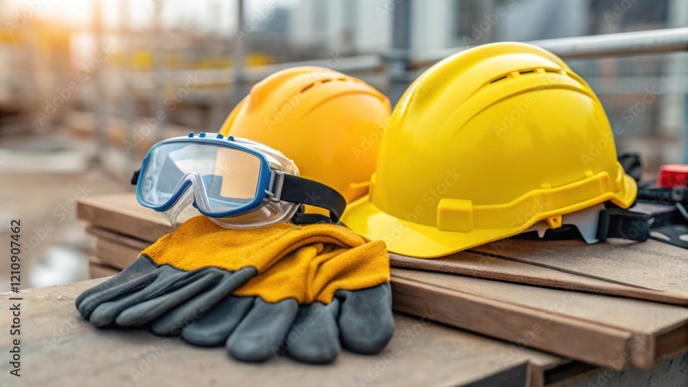 Poster closeup of safety equipment being worn showcasing gloves helmets and goggles with workers caught in 