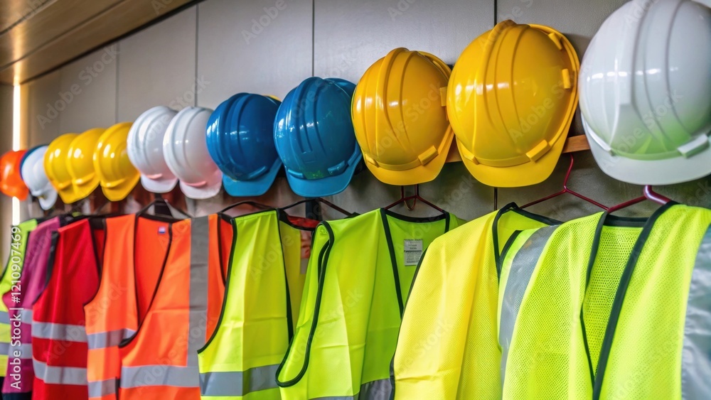 Poster closeup of safety gear a collection of brightly colored safety helmets and vests neatly arranged in 
