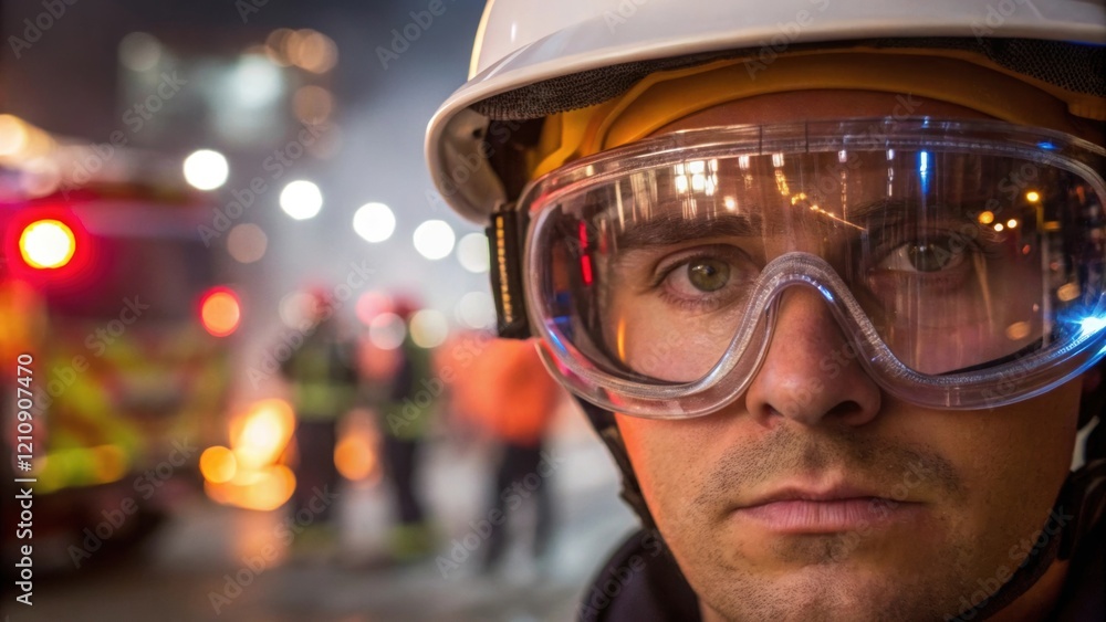 Fototapete Closeup of safety goggles on a workers face reflecting the chaotic scene of construction with flashing lights and busy workers in the background encapsulating the highstakes