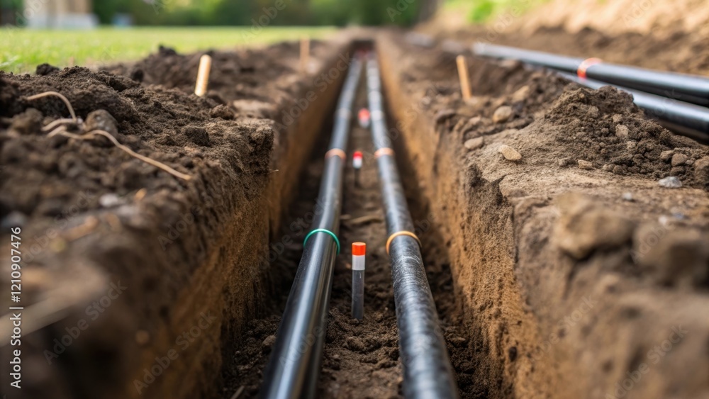 Poster closeup of soil being rep over newly installed geothermal pipes showing the careful restoration of t