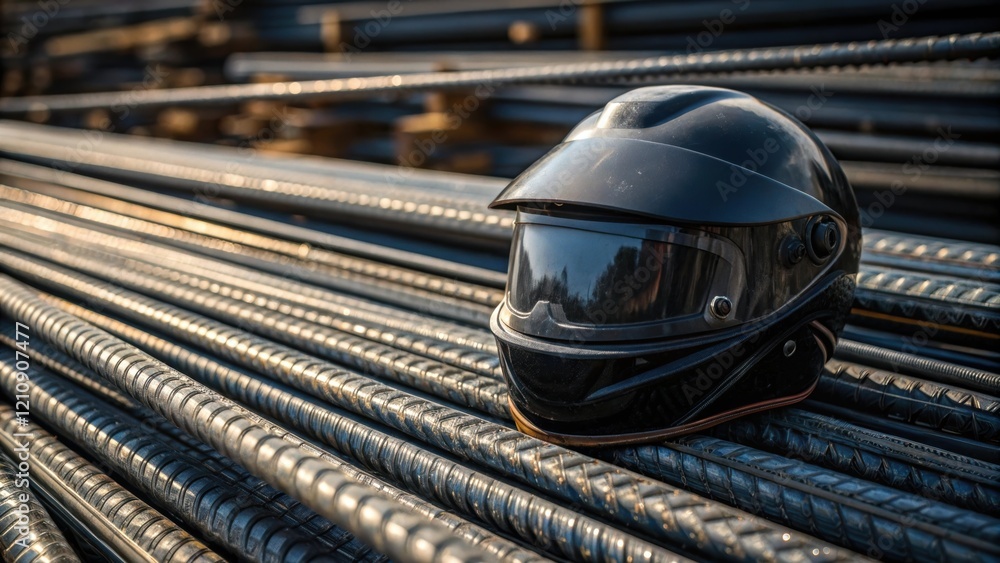Poster closeup of protective gear including a helmet with a darkened visor resting on a pile of steel beams