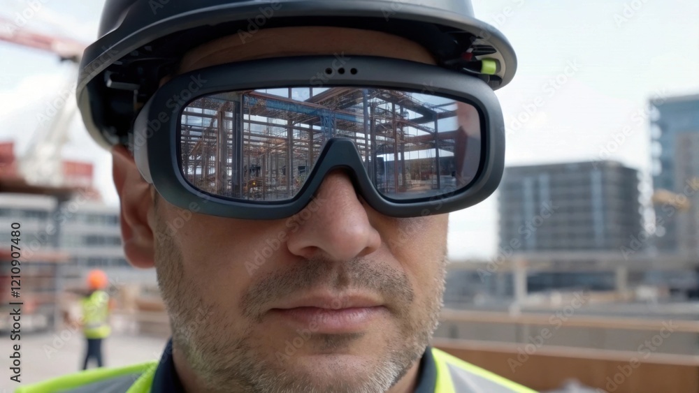 Poster Closeup of the AR glasses displaying a 3D model of the building project as the superintendent gazes intently at the screen with partially constructed structural elements visible