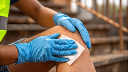 Closeup of gloved hands carefully cleaning a scraped knee with antiseptic wipes with the construction sites gritty background blurred out focusing on the care being provided.