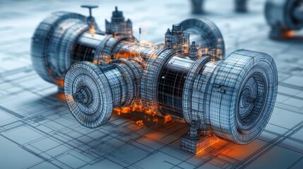 Industrial Valve Technical Illustration Wireframe Ambient Lighting Blueprint Design
