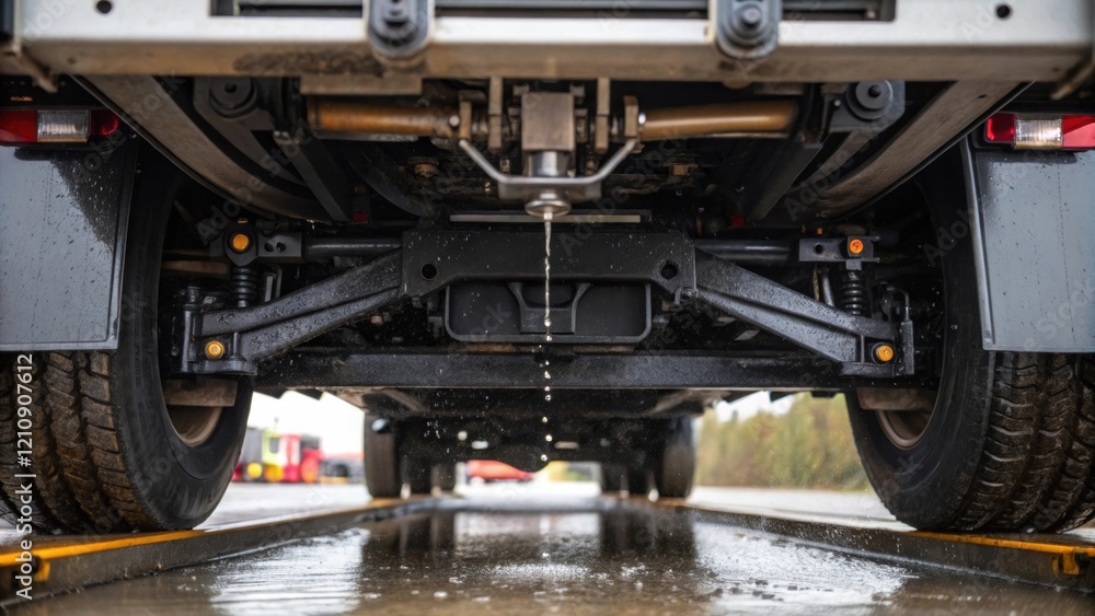 Poster closeup of the trucks hydraulic lift mechanism glistening with grease as it powers the truck bed upw