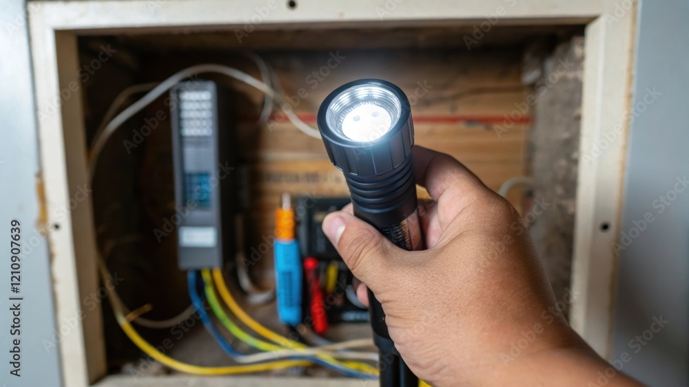 Aufkleber closeup on a hand holding a flashlight illuminating electrical wiring inside a wall cavity emphasizi