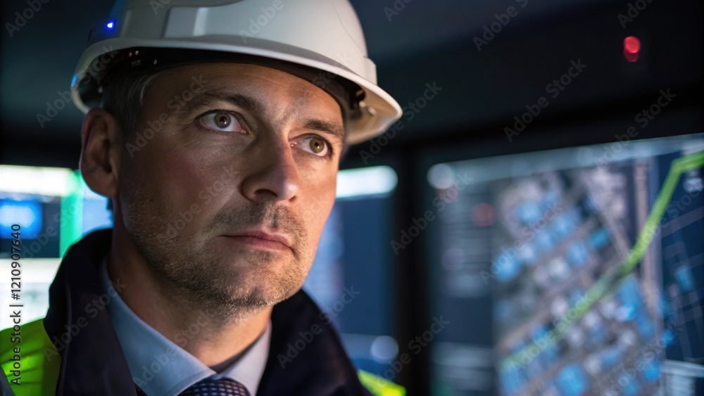 Aufkleber Closeup of the superintendents face illuminated by the glow of the AR display showcasing a look of concentration as they analyze 3D models that highlight potential conflicts