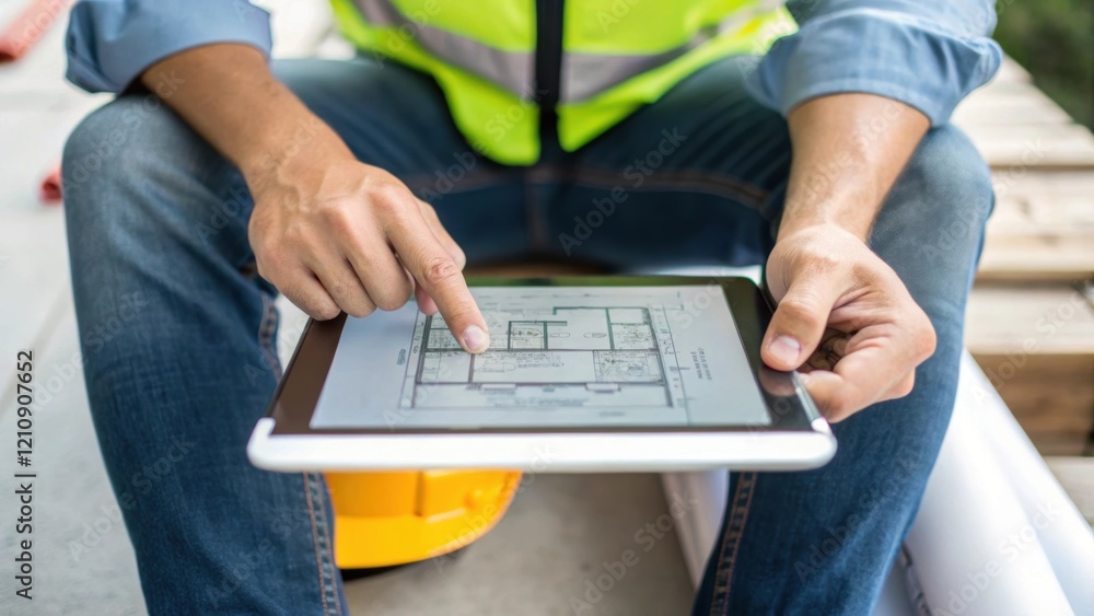 Aufkleber Closeup on hands of a worker balancing a blueprint on their knee while using a digital tablet to compare design specifications showcasing the blend of traditional and modern ods.