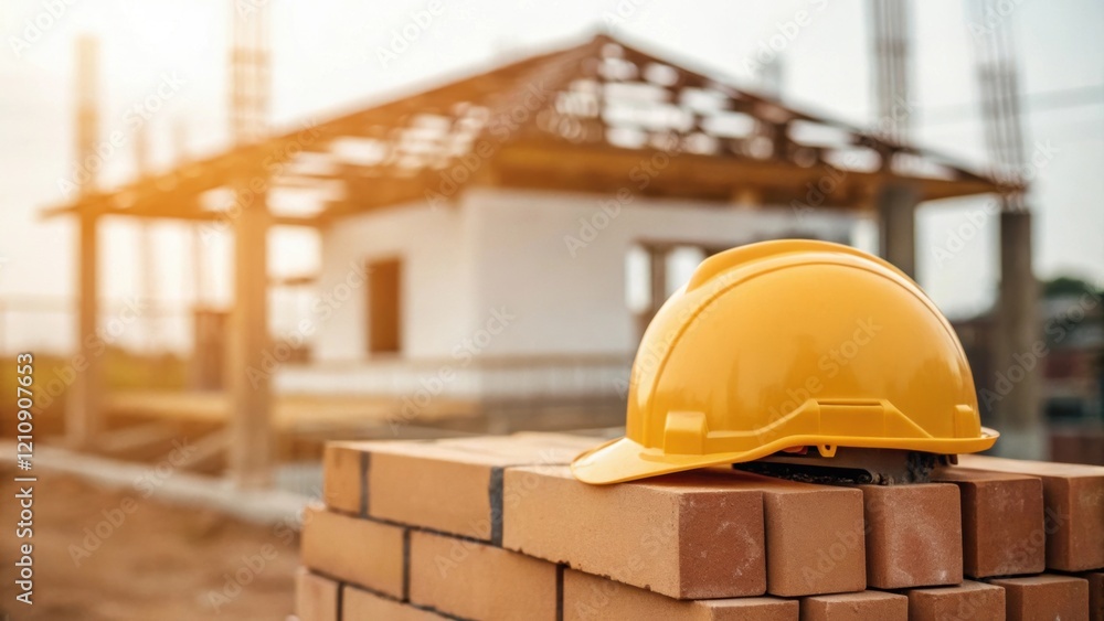 Poster Closeup on a construction helmet resting on a stack of bricks with a partially built structure in soft focus behind it symbolizing safety and the ongoing development of healthcare