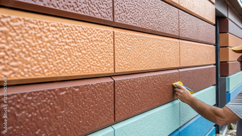 Poster Closeup on the textured surface of a facade panel revealing its unique finish and color while a worker applies adhesive to the edges highlighting the materials involved in the