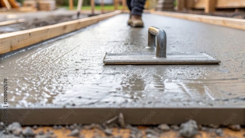 Poster Closeup shot of freshly poured concrete being smoothed with a trowel droplets of water pooling in the texture emphasizing the craftsmanship involved in constructing sy foundations