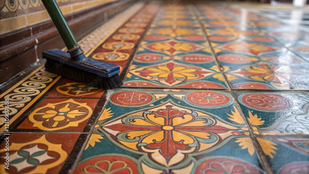 Aufkleber Closeup view of original floor tiles being cleaned and documented capturing the colorful patterns and timeworn textures that evoke the buildings historical significance.